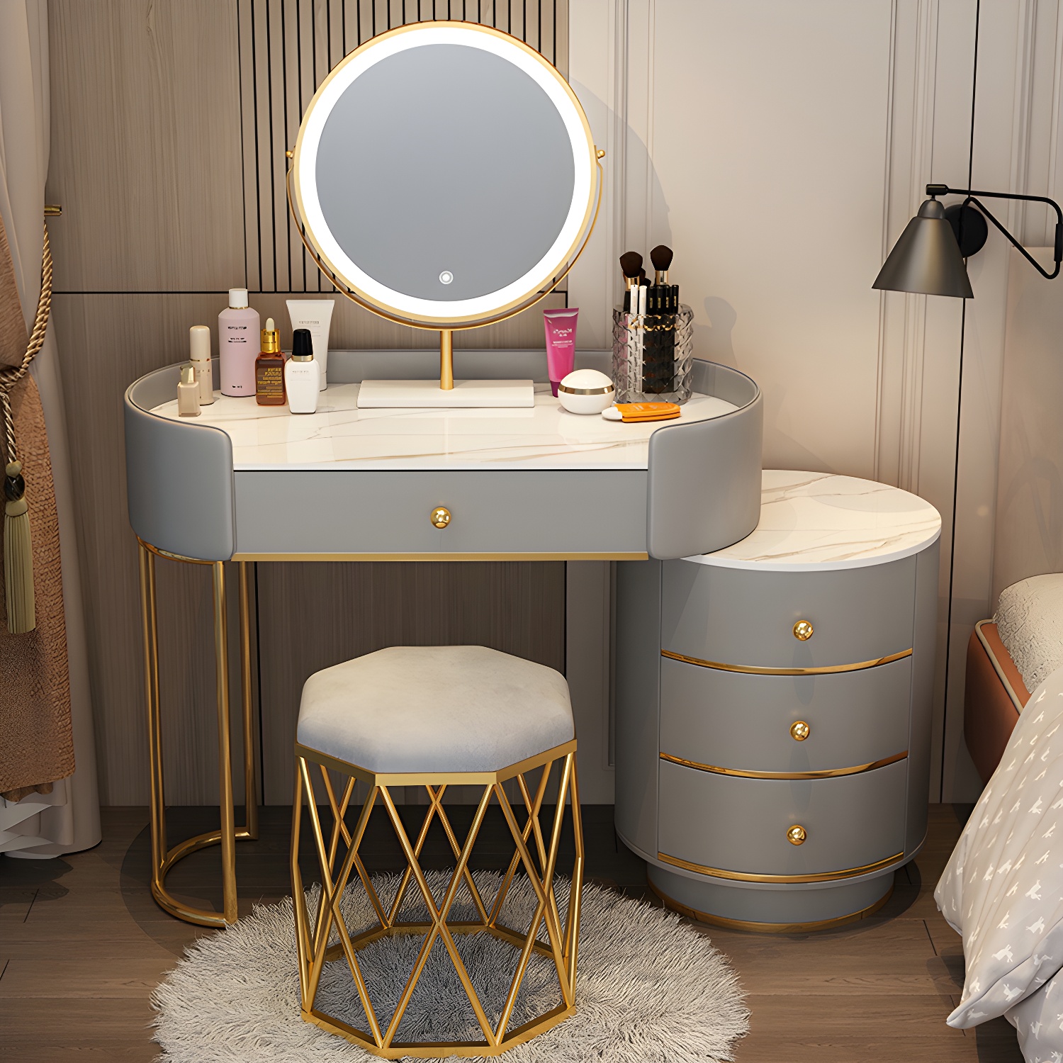 Modern Bedroom Metallic Lighted Mirror With Drawer Makeup Vanity Set - image 7