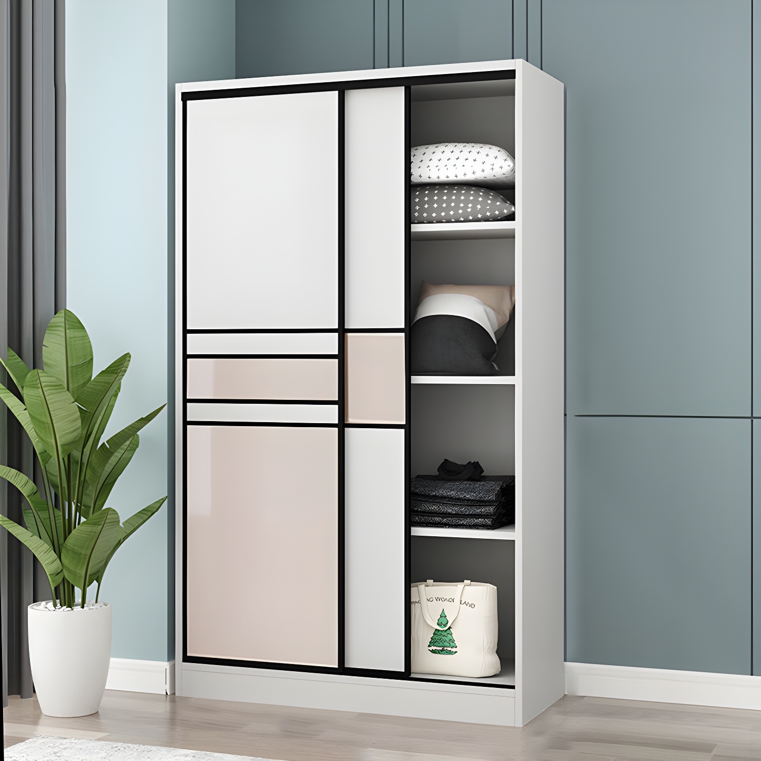 Modern White Wood Wardrobe Armoire with Clothing Rod and Sliding Cabinet Doors