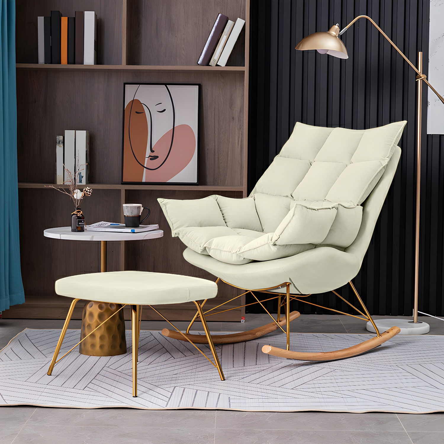 Rocking Accent Chair Upholstered Contemporary Living Room Spindle Tufted Cushions