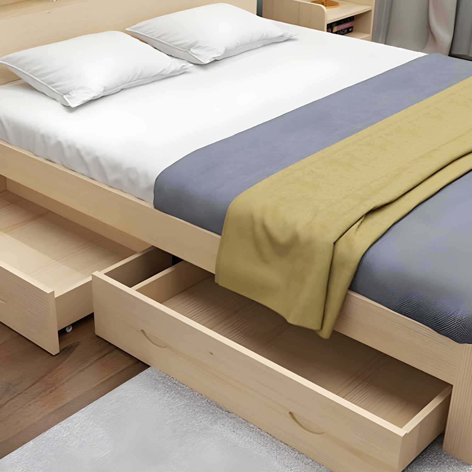 Nordic Solid Wood Bookcase Included Bed Frame Upholstered 2-Drawer Bed Frame - image 4