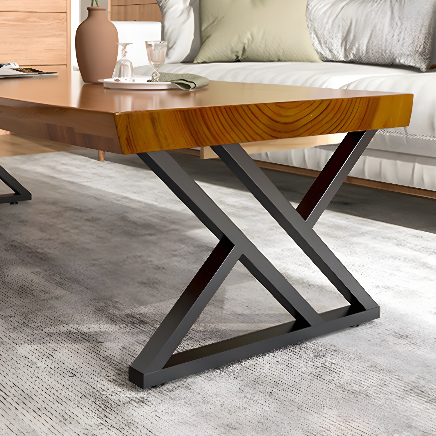 Scandinavian Rectangle Solid Wood Coffee Table Metal Sled Cocktail Table - image 4