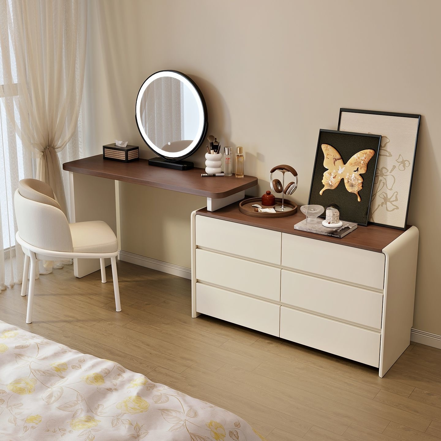 Large Vanity Set with White Seating, 6 Drawers, Mirror Lights, Seat, Lighting, and Scalable Telescopic Design - image 3