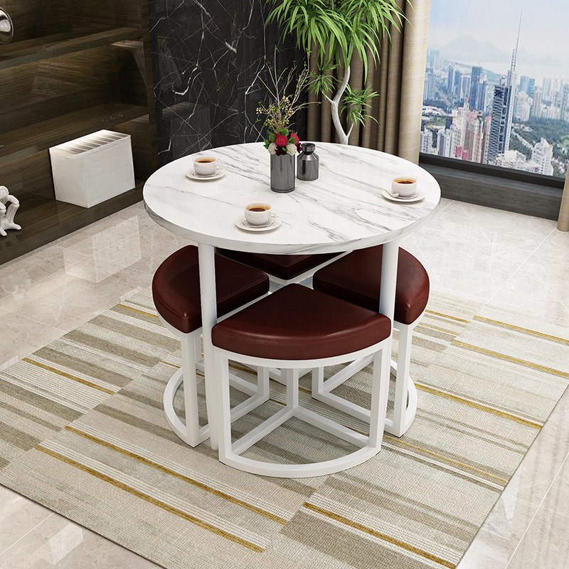 Reclaimed Wood Round Dining Table Set with Metal Toboggan Base and Upholstered Backless Chairs for 4 People - image 24