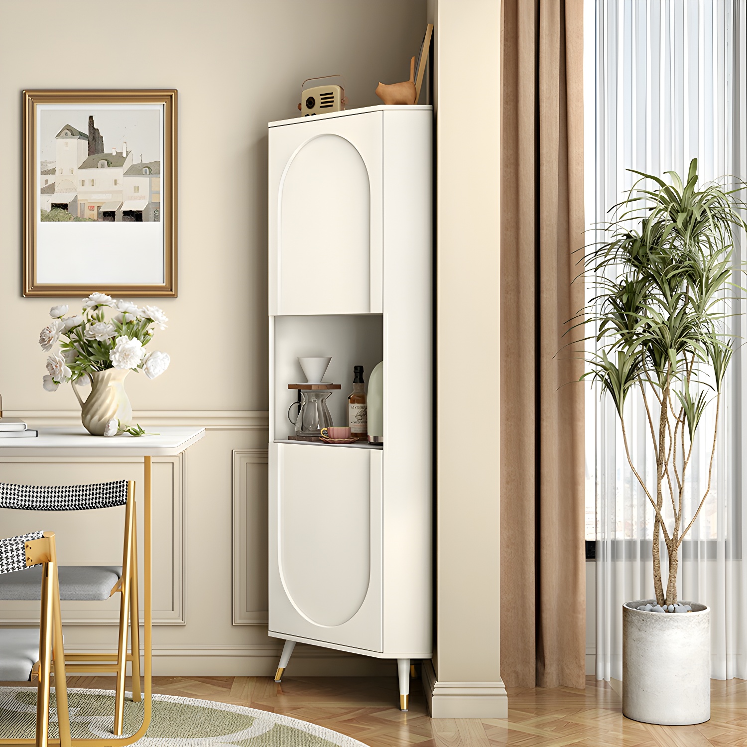 Modern White Corner Accent Cabinet with Stone Counter Top, 2 Cabinets, and 6 Shelves - image 12