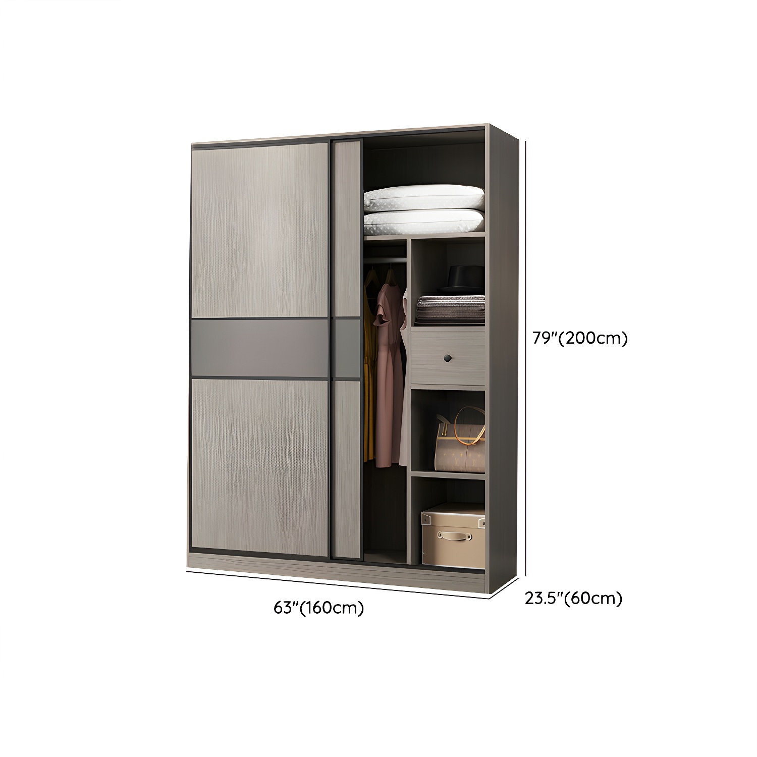 Contemporary Plate Storage Wood Wardrobe with Clothing Rod and Shelves in Light Grey - image 27