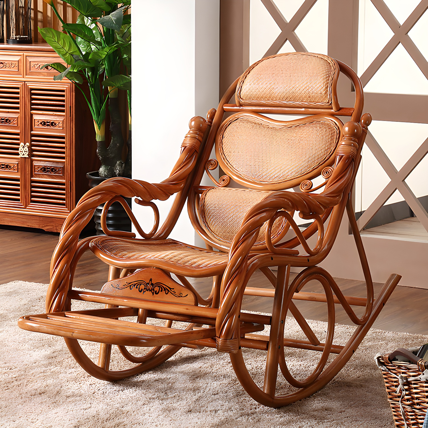 Traditional Spindle Rocking Accent Chair Tobacco Finish Rocker Chair Reclining