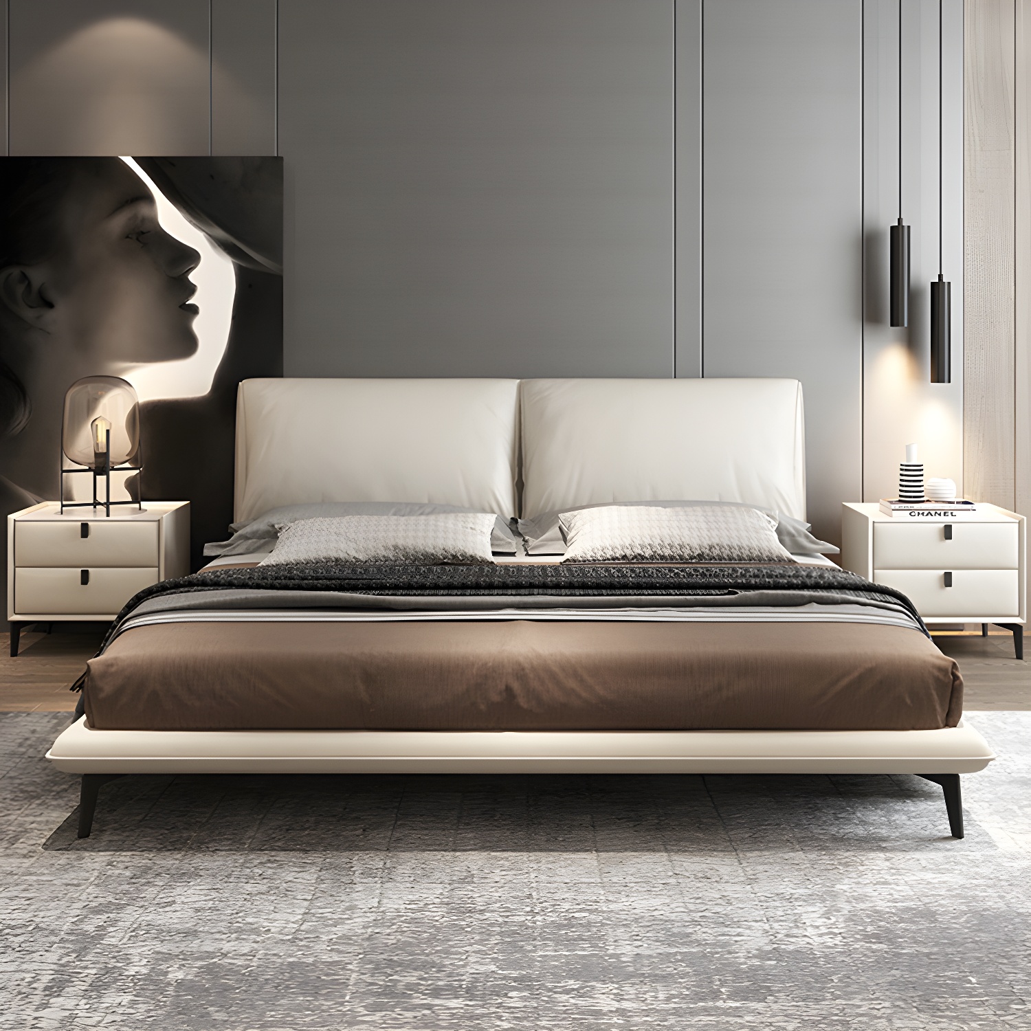 Modern Low Profile Panel Bed Genuine Leather Upholstered Bed Frame - image 3