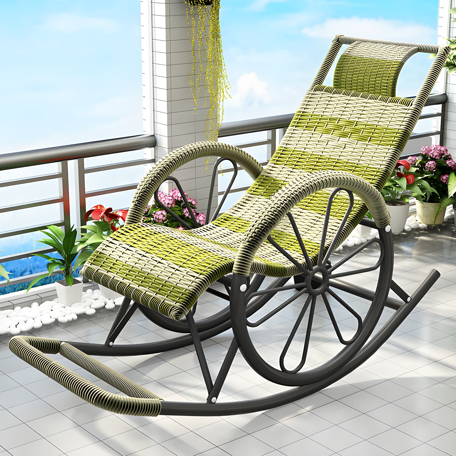 Modern Spindle Rattan Rocking Chair Metal Frame Wheel Handrail Design Rocker Chair - image 7