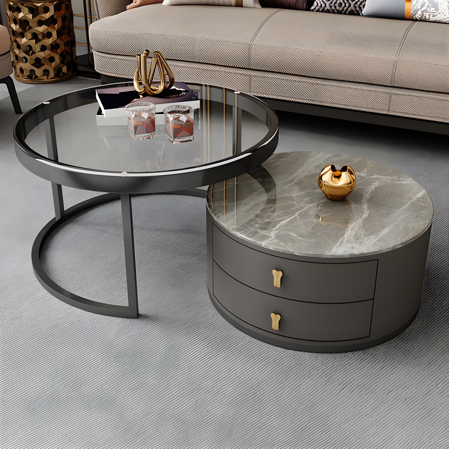 Modern Coffee Cocktail Table Round Nesting Coffee Table Set with Drawer