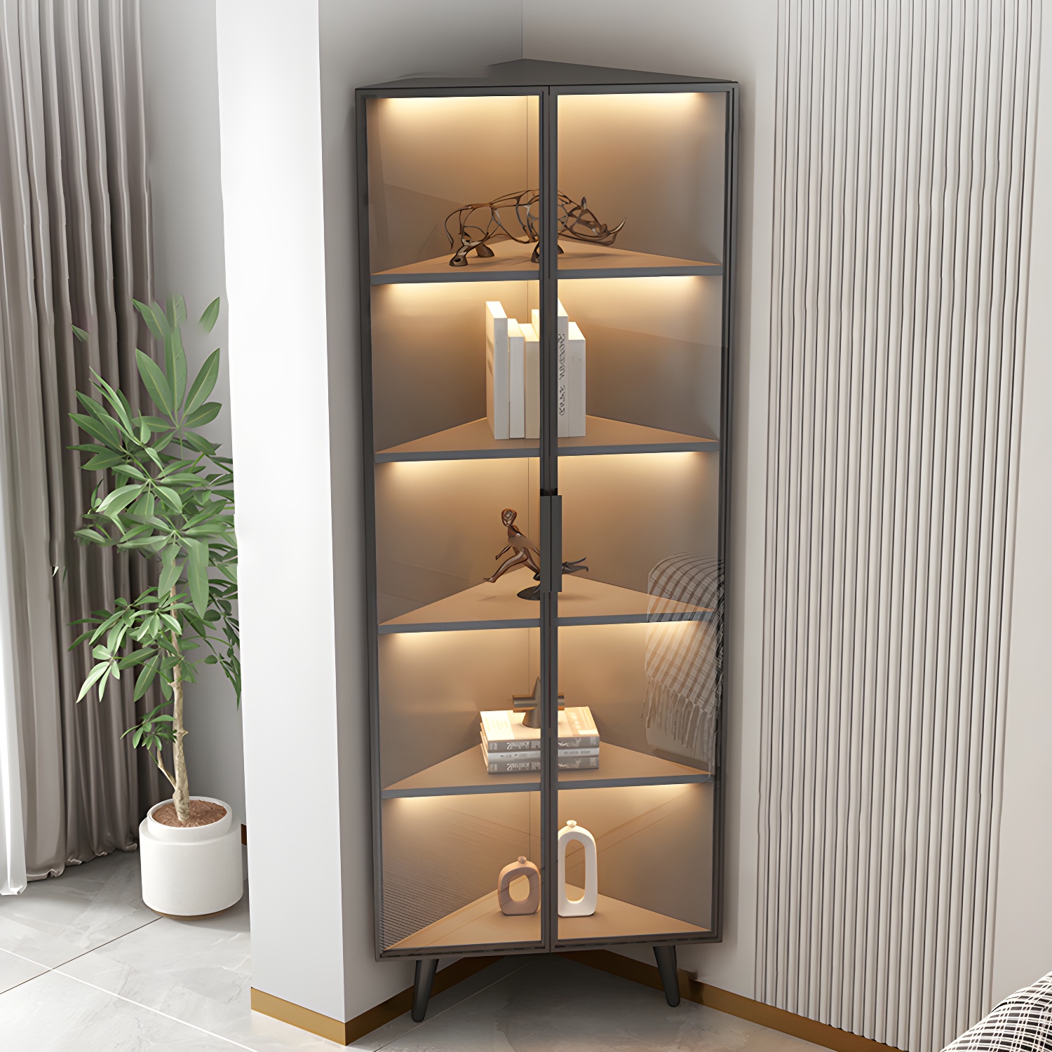 Corner Modern Accent Cabinet with Black Metal Base and Glass Doors, Black Wood Counter Top - image 11