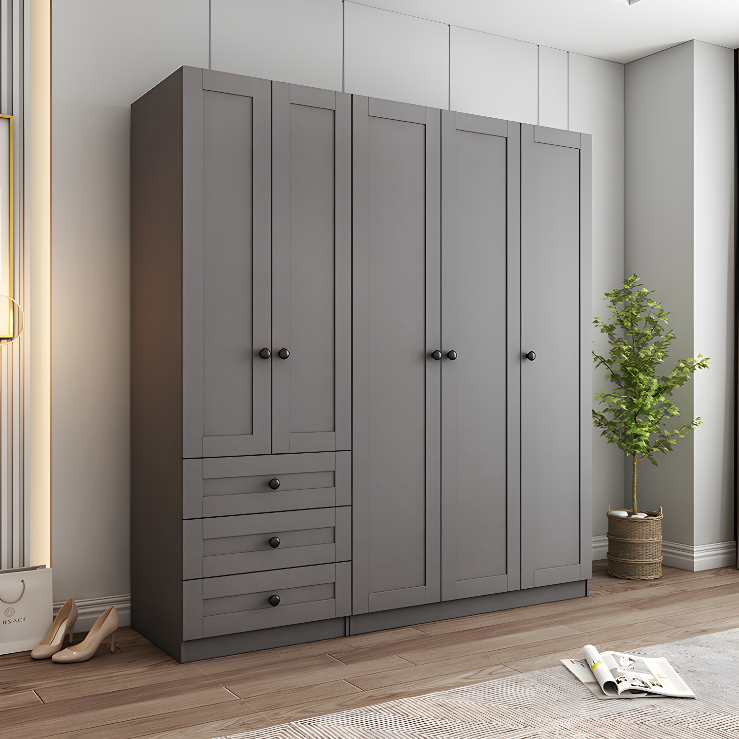 Contemporary Grey Wardrobe Armoire Engineered Wood Wardrobe Closet