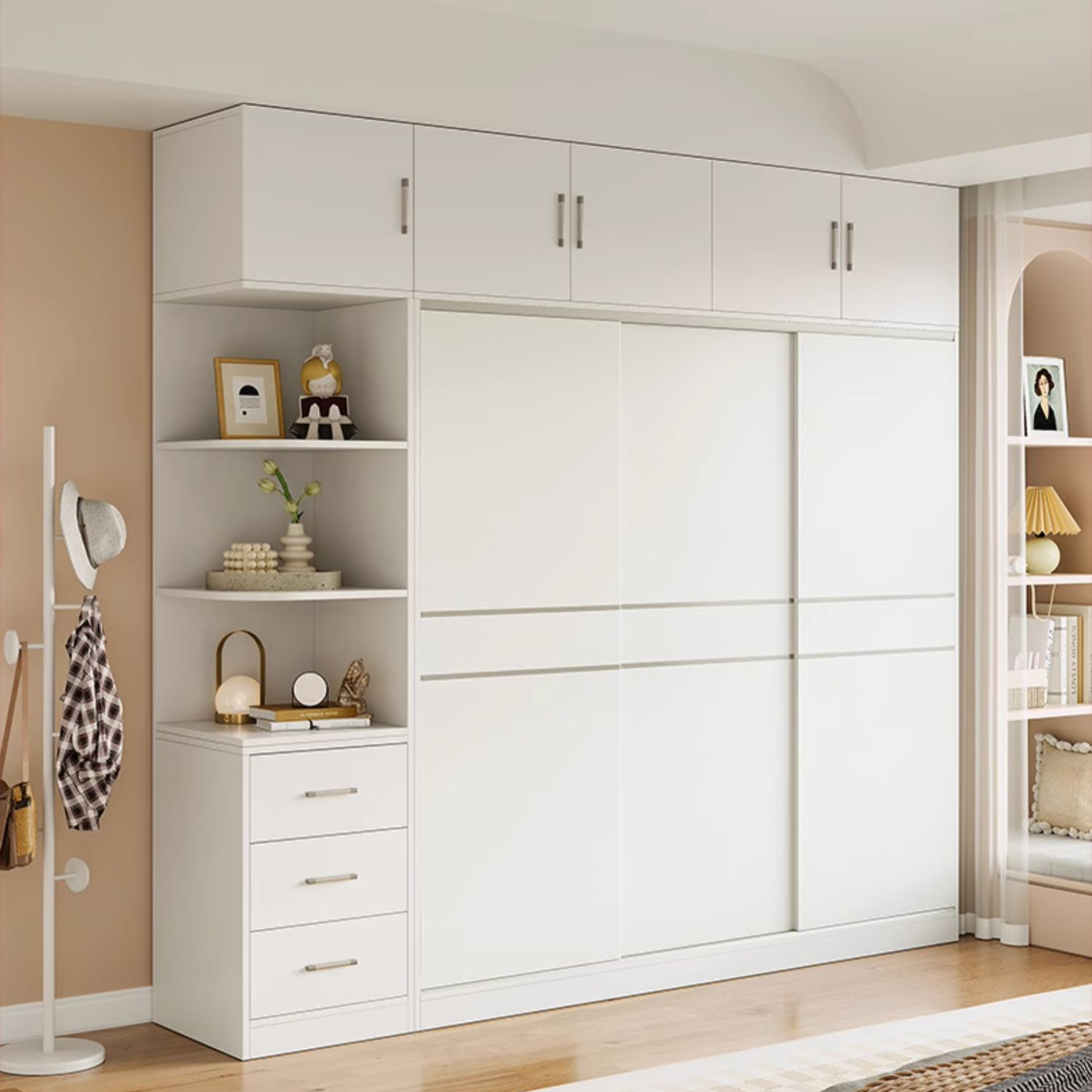 Fashionable Sliding Door Storage Wood Wardrobe with Metal Clothing Rod and Shelves in White Color - image 5