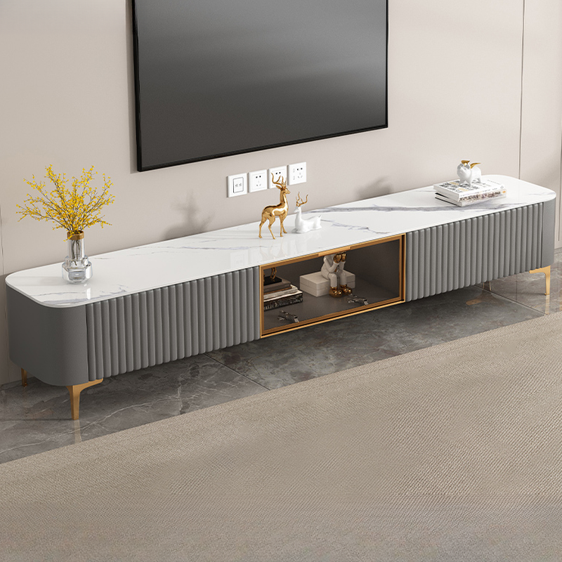 Simplistic Rectangular Vitreous TV Stand with Locker, Cable Management & 2 Drawers - image 4