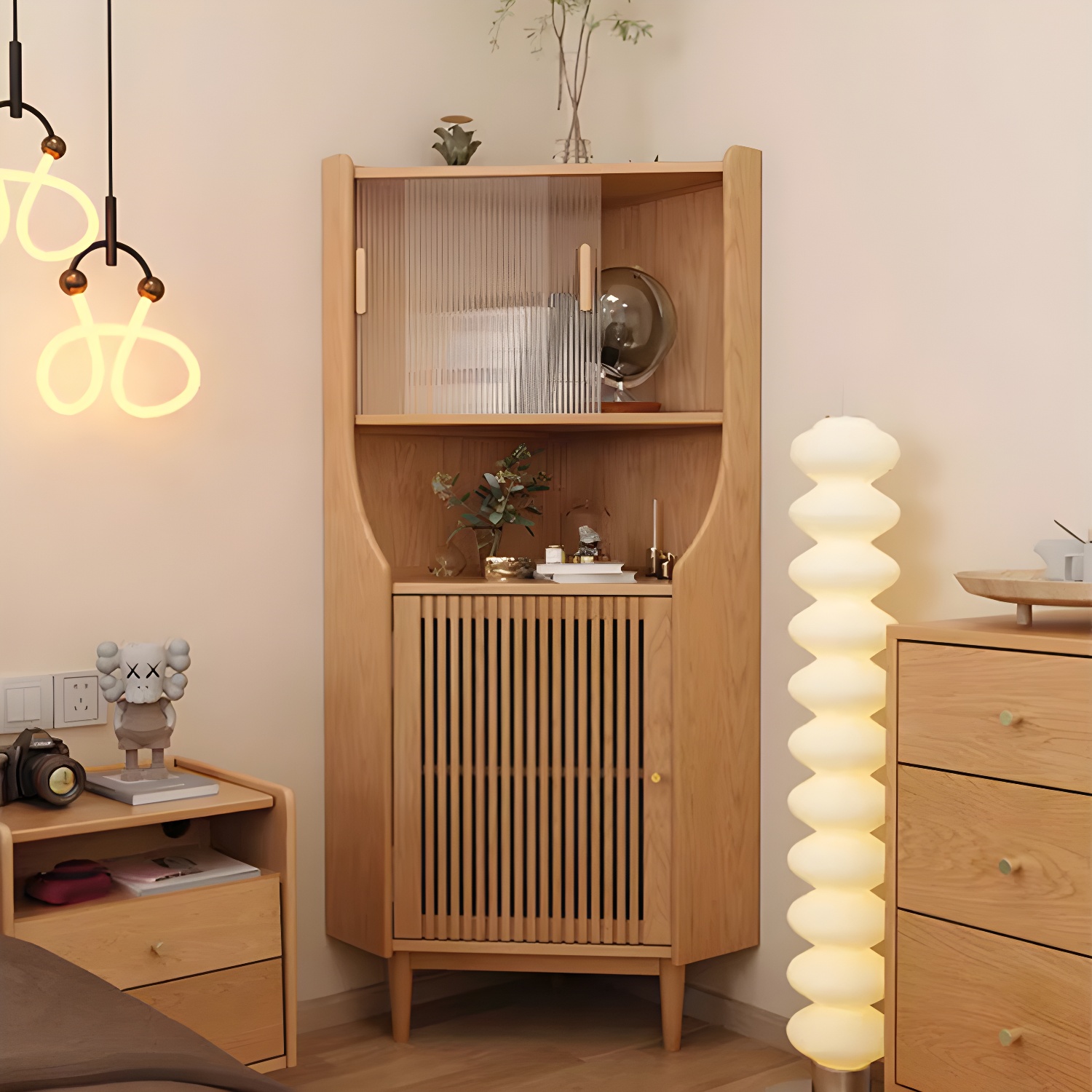 Corner Scandinavian Accent Cabinet with Wood Counter Top and Glass Doors, 2 Exterior Shelves - image 14