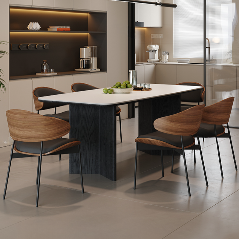 Minimalist Dining Table Set with Two-sided Pedestal, Fixed Table, Padded Chair with Back, and White Table Top