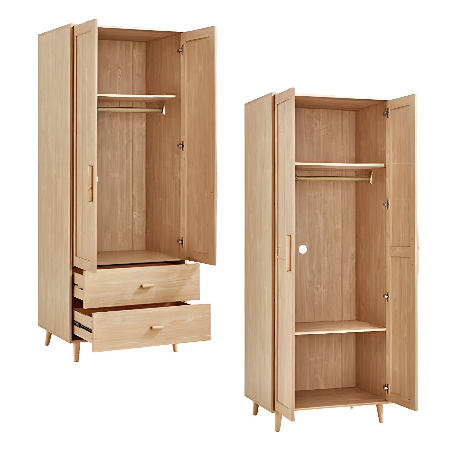 Modern Natural Wood Wardrobe Armoire with Clothing Rod, Shelves, and Soft-Close Drawers - image 6