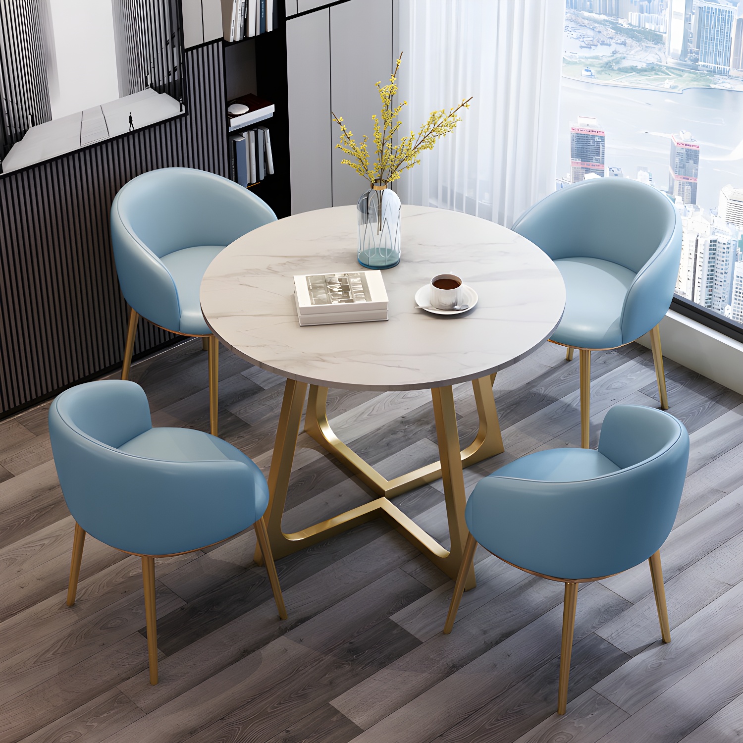 5-Piece Glam Dining Set Round White Table with Gold Metal Base and Upholstered Chairs