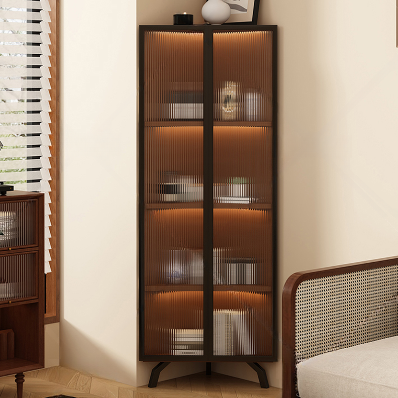 Simple Corner Accent Cabinet with Closet, Laminate, Glazed Door, and Brown Top