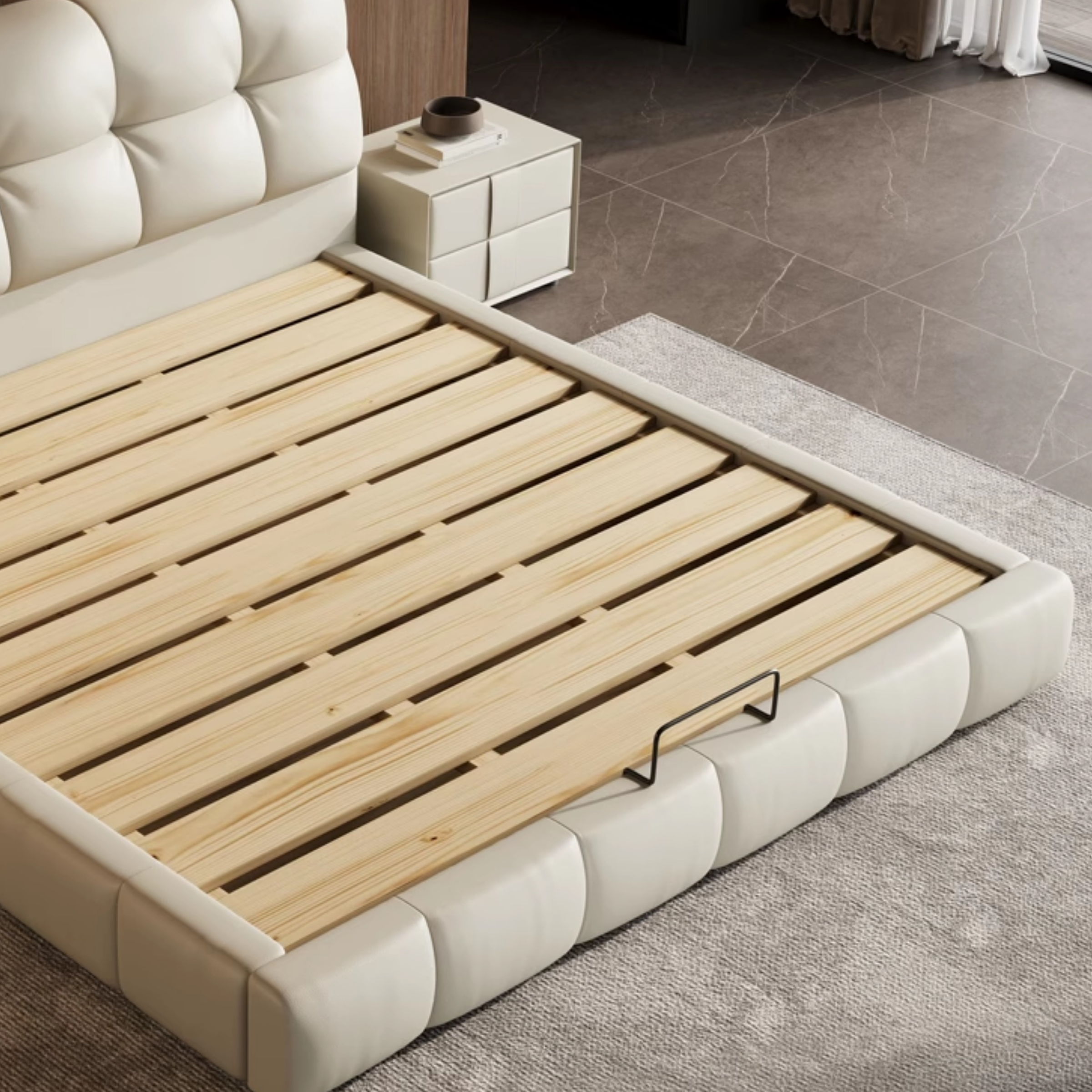Beige Solid Color Storage Bed with 3 Storage Boxes, Pine Wood Frame, and Button-tufted Design for Living Room - image 4