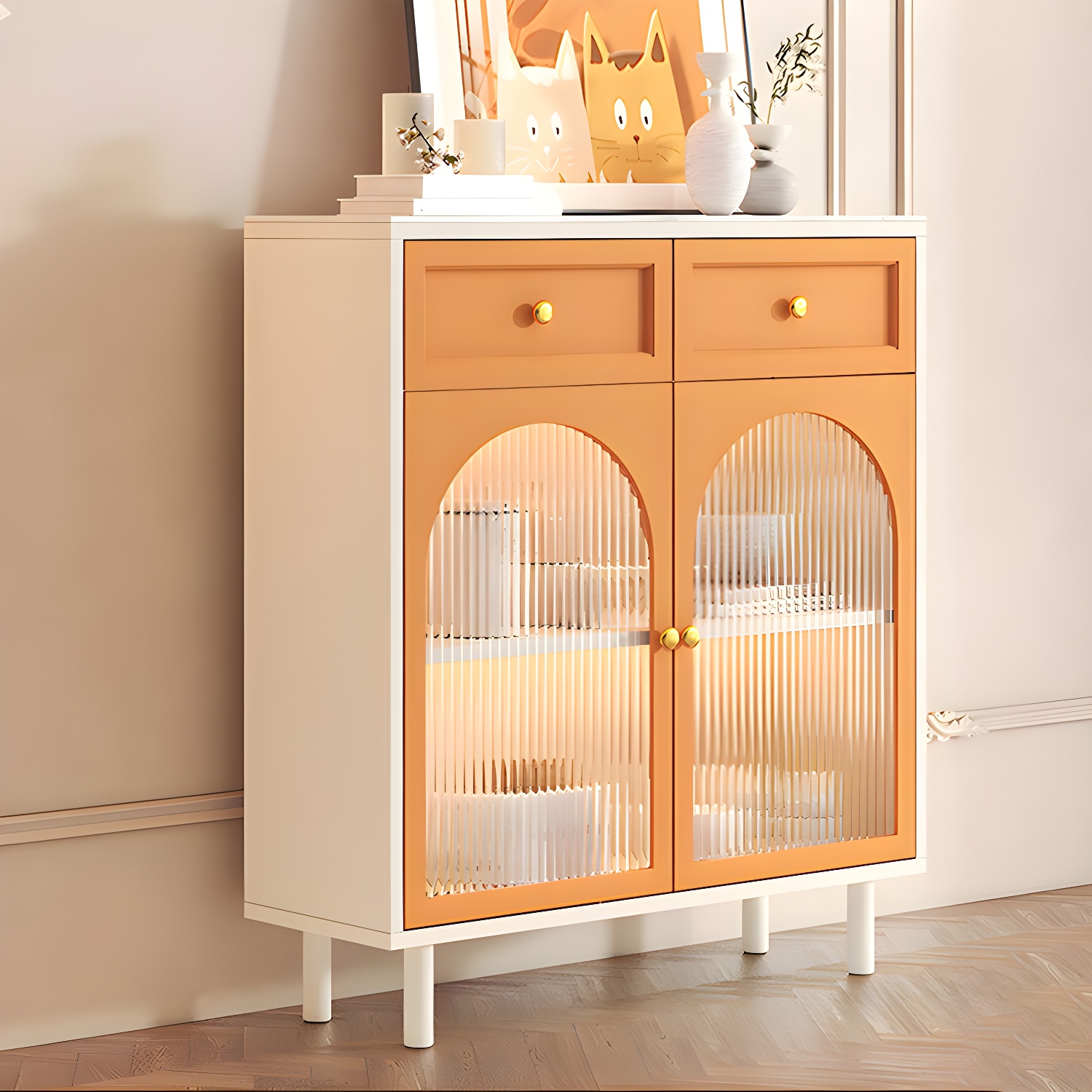 Scandinavian Wood Buffet Sideboard with Stone Countertop and Glass Doors