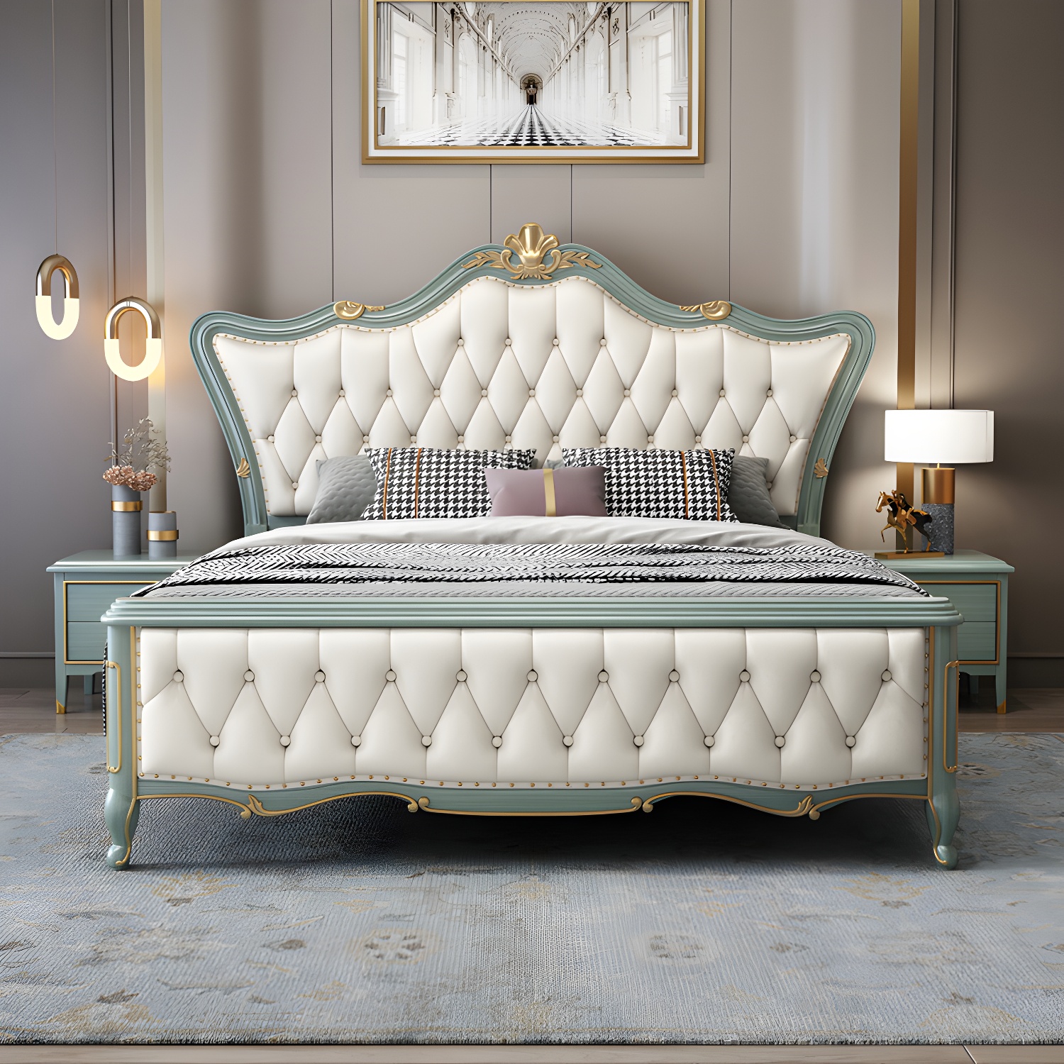 84.65 inch Wide Glam Bed Frame Rubberwood Solid Color Standard Bed with Headboard - image 4