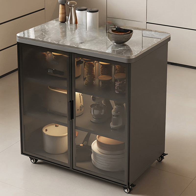 Trendy Sideboard on Caster Wheels with Narrow Stone Countertop, Glazed Door, Adjustable Shelving, and Lighting System