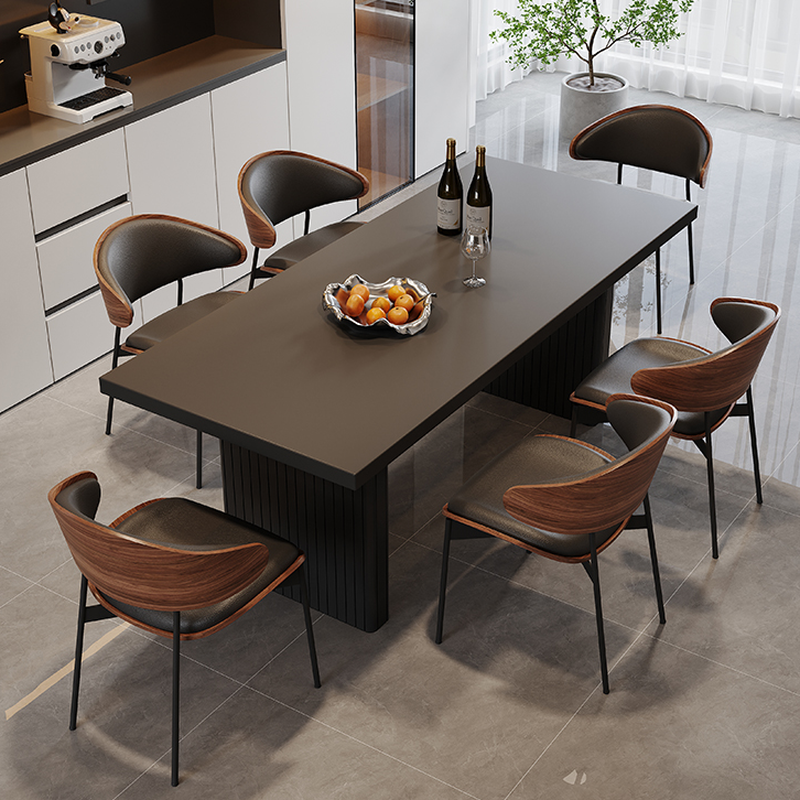 Dining Table Set with Slate Top and Two-sided Pedestal, Padded Chair with Back for 6 People, 7 Piece Set in Midnight Black