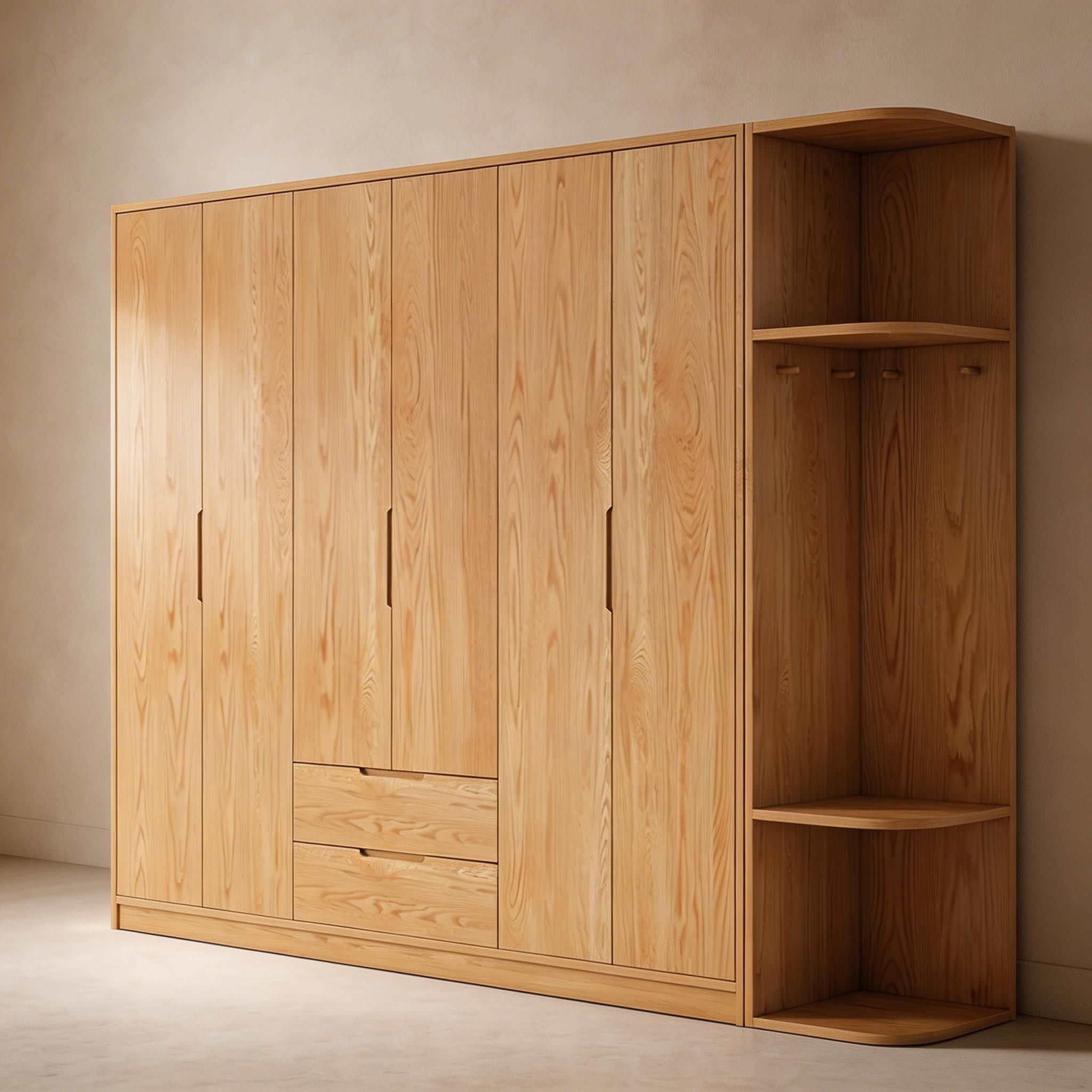 Modern Natural Wood Wardrobe Armoire with Sliding Doors, Drawers, and Shelves - image 89