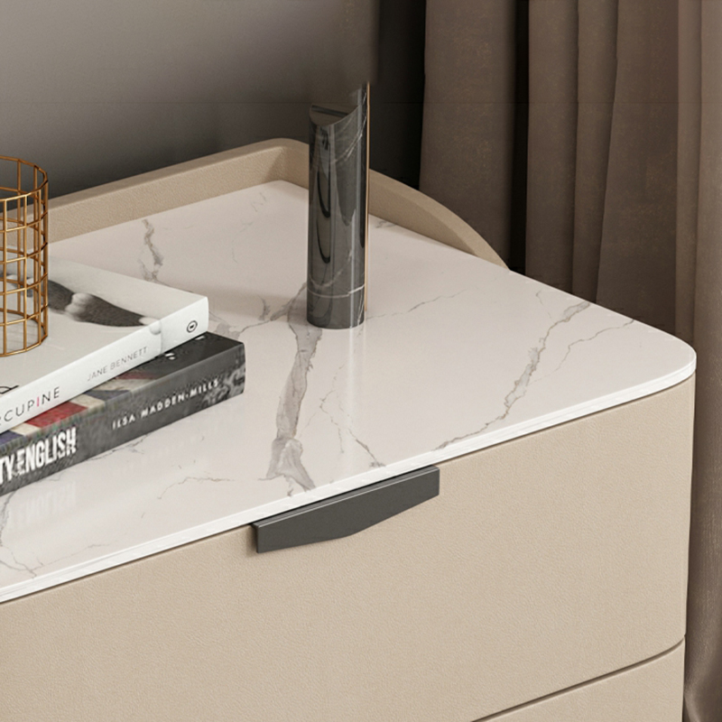 Modern Faux Leather Nightstand with Two Drawers in Light Wood - image 13