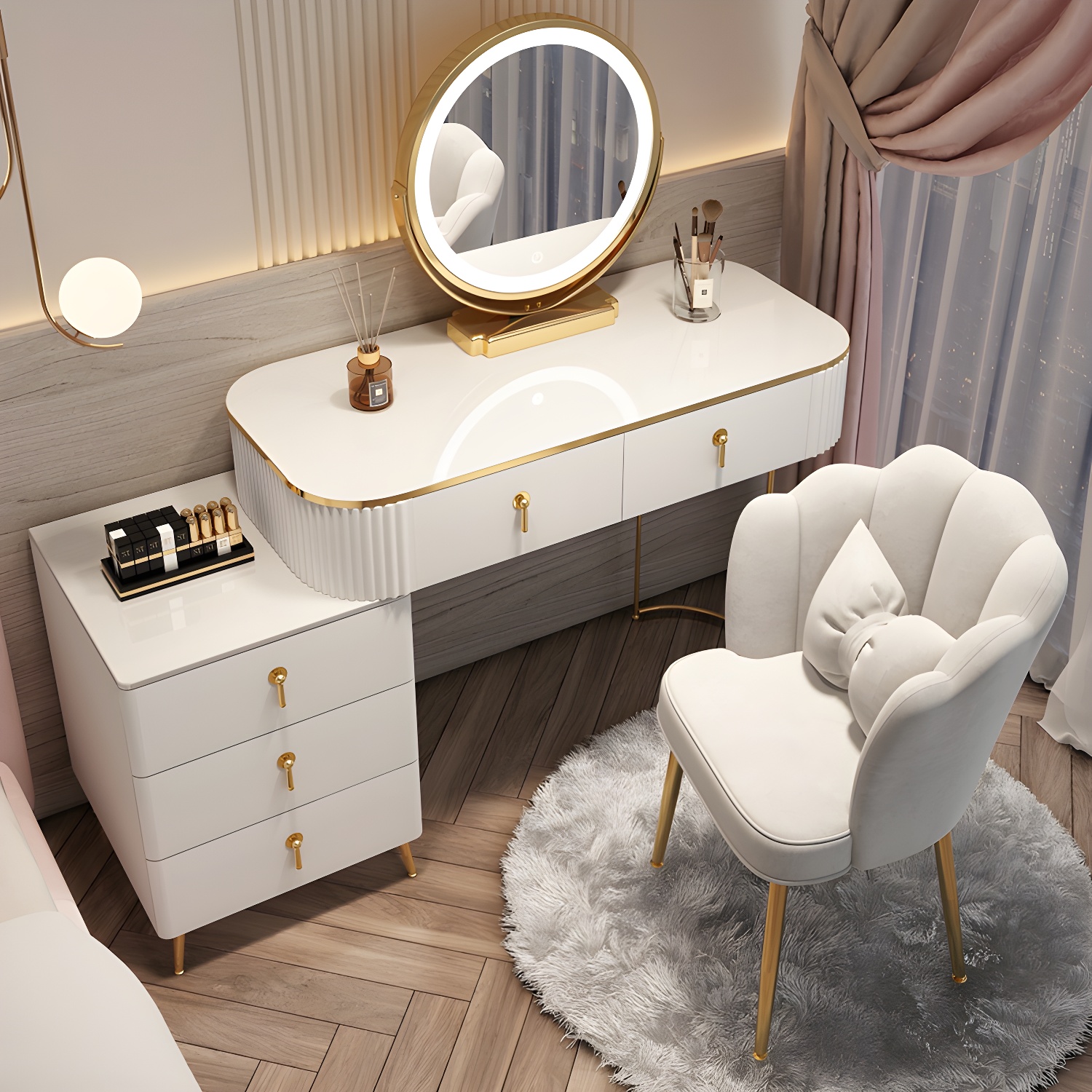 Contemporary Mirrored Wood Top Makeup Vanity Desk White/Gray Dressing Table - image 4