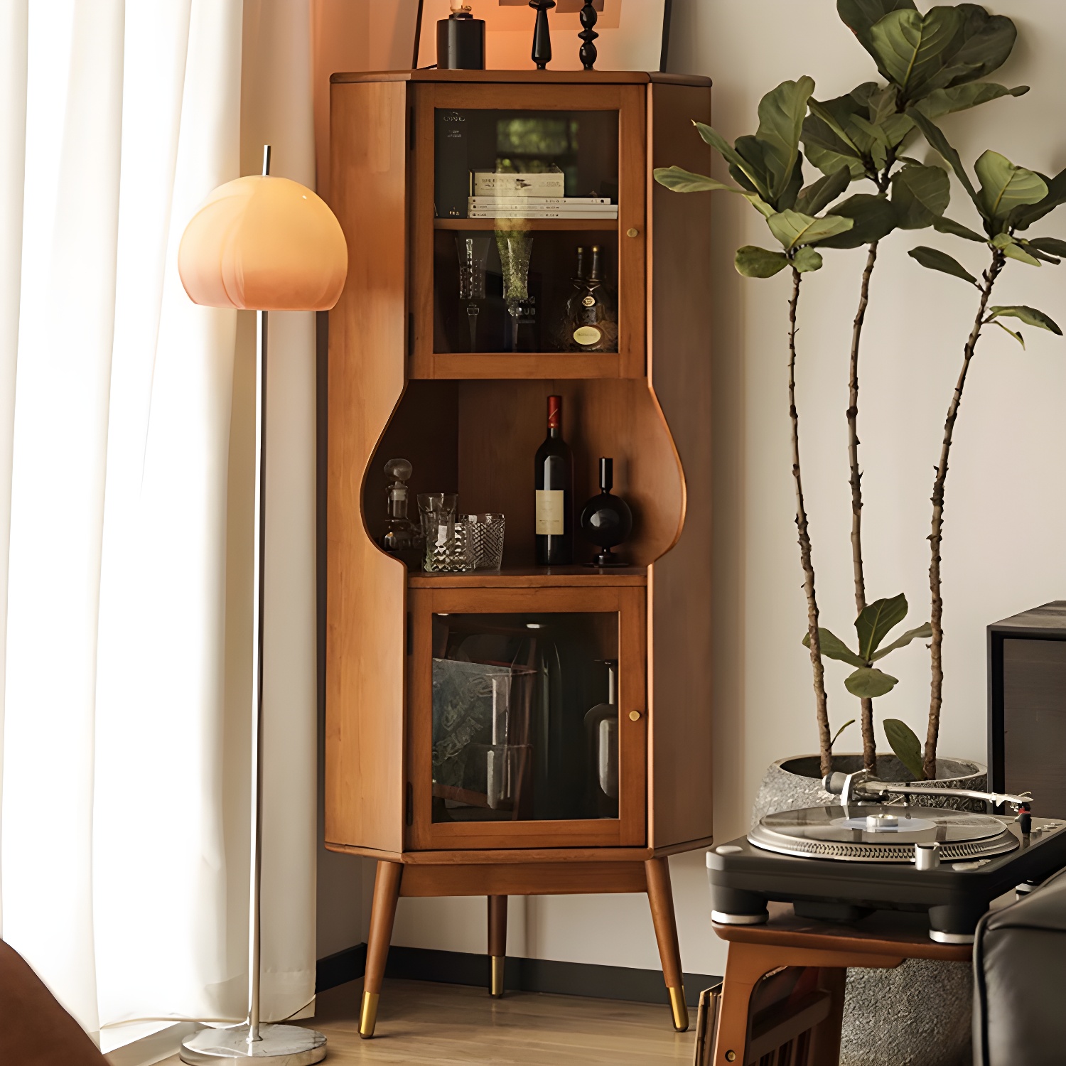 Corner Mid-Century Modern Accent Cabinet with Wood Countertop, Glass Doors, and 5 Shelves - image 5