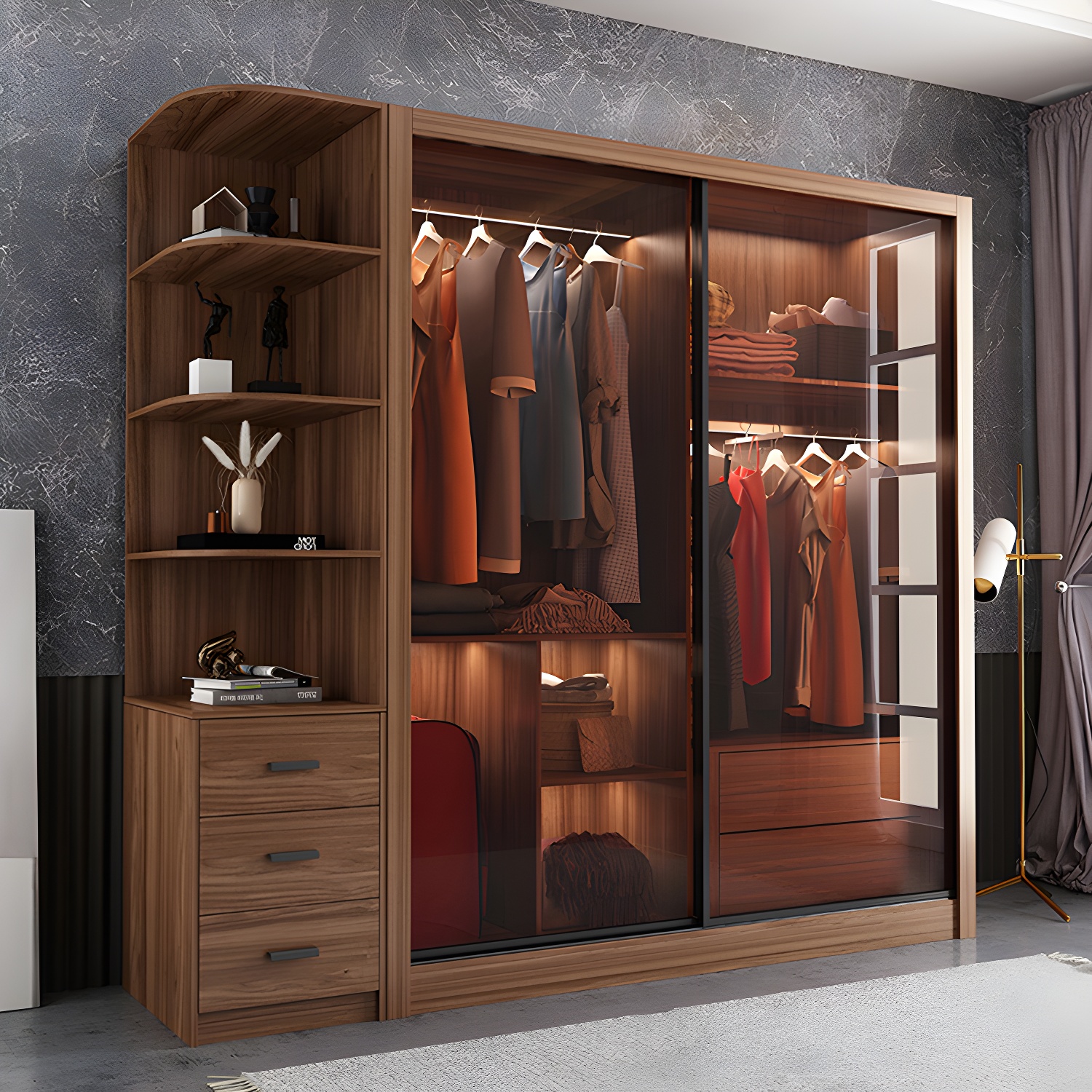 Bedroom Sliding Door Wardrobe Modern Brown Cabinet with Glass Doors - image 12