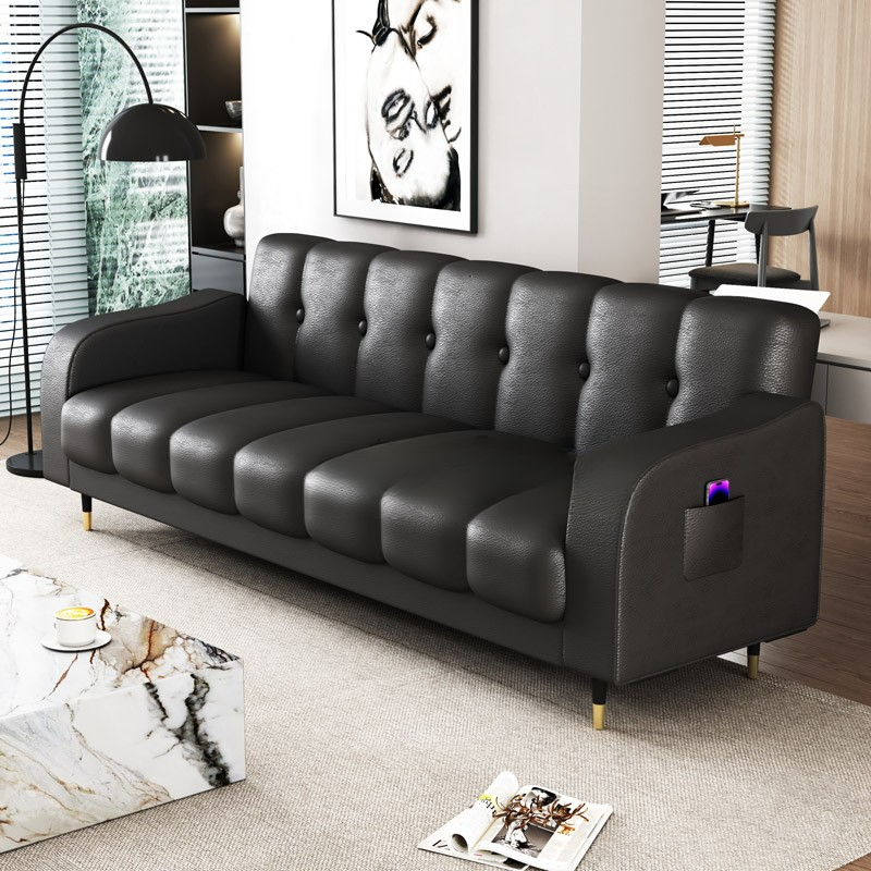 Contemporary Modern Solid Color Scratch-durable Convertible Sofa in Pu Leather with Midnight Black/Gray/White Upholstery, Seats 3/2-seater, with Receptacle Storage