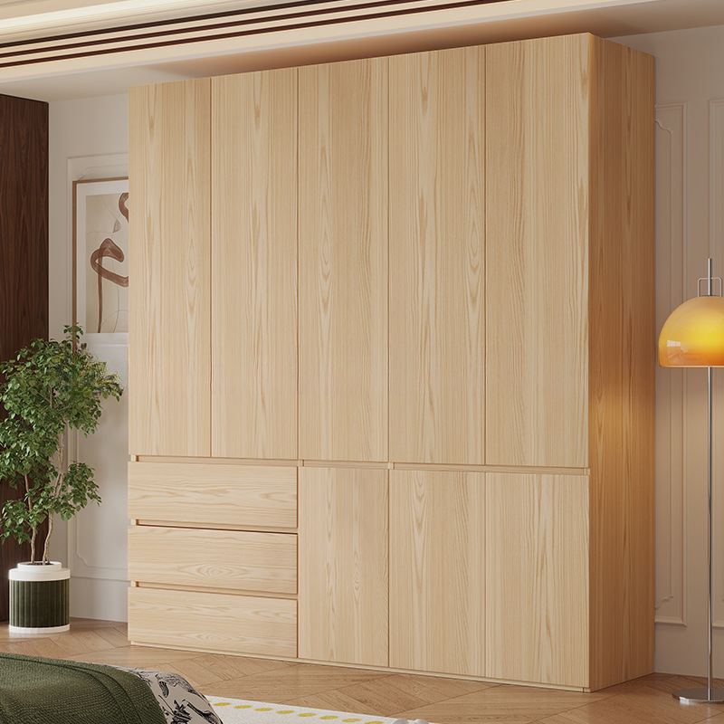 Natural Finish Minimalist Laminate Cabinet Armoire with Soft Close Drawer and Door, Interior Shelves, and Clothing Rod