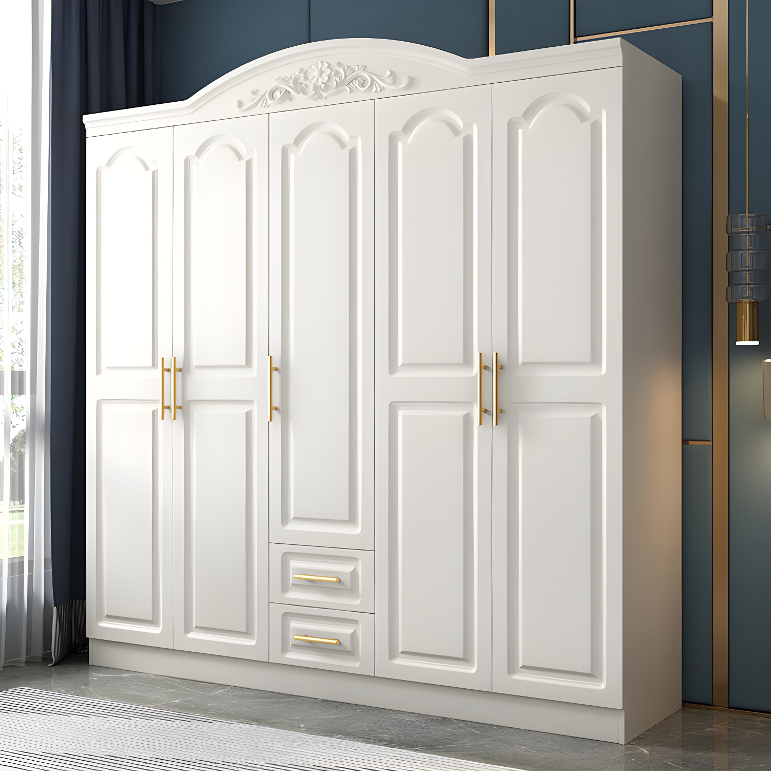 Engineered Wood Armoire Glam White Wardrobe Cabinet with 2 Drawers - image 4