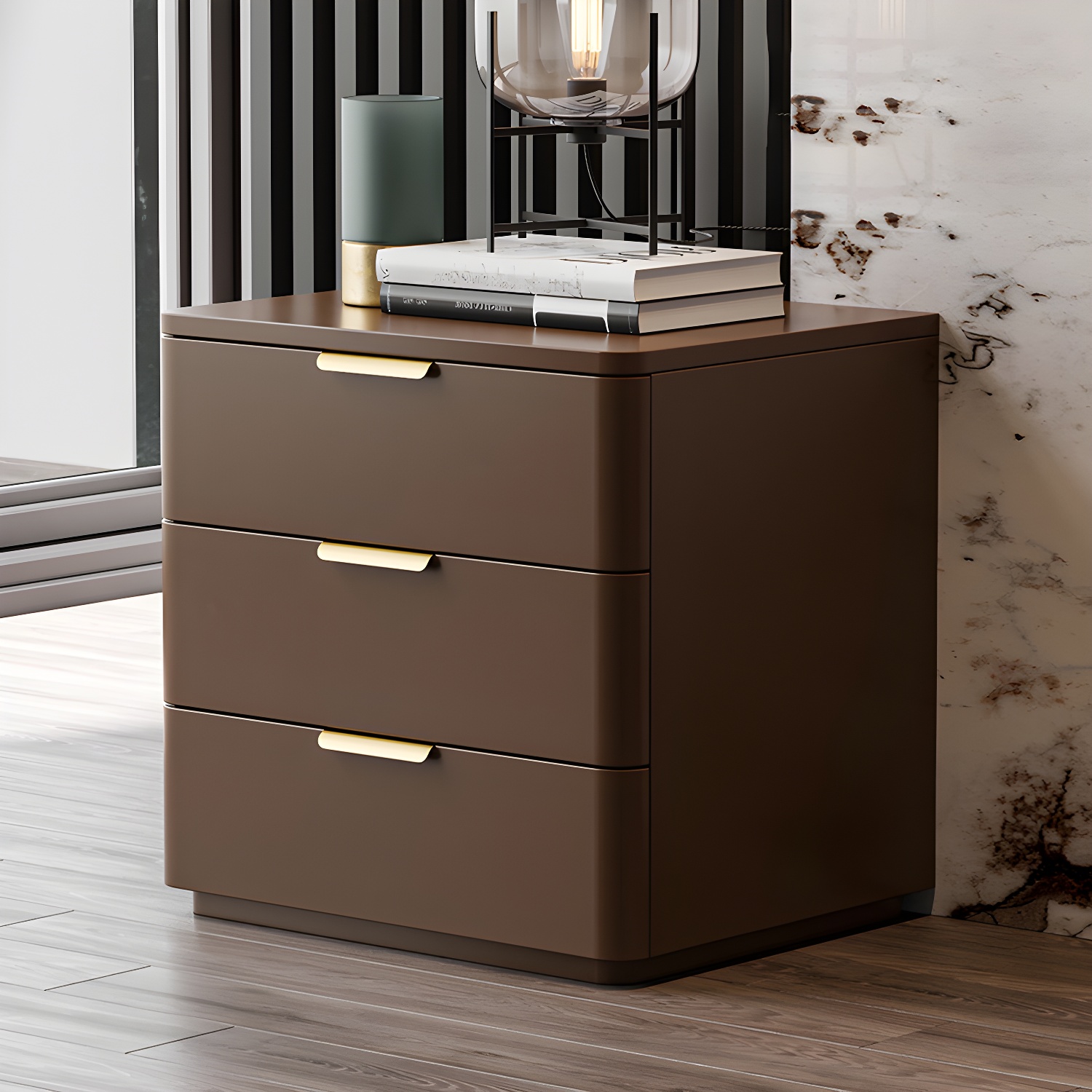 Contemporary Accent Table Nightstand Leather Nightstand with 3 Drawers - image 4