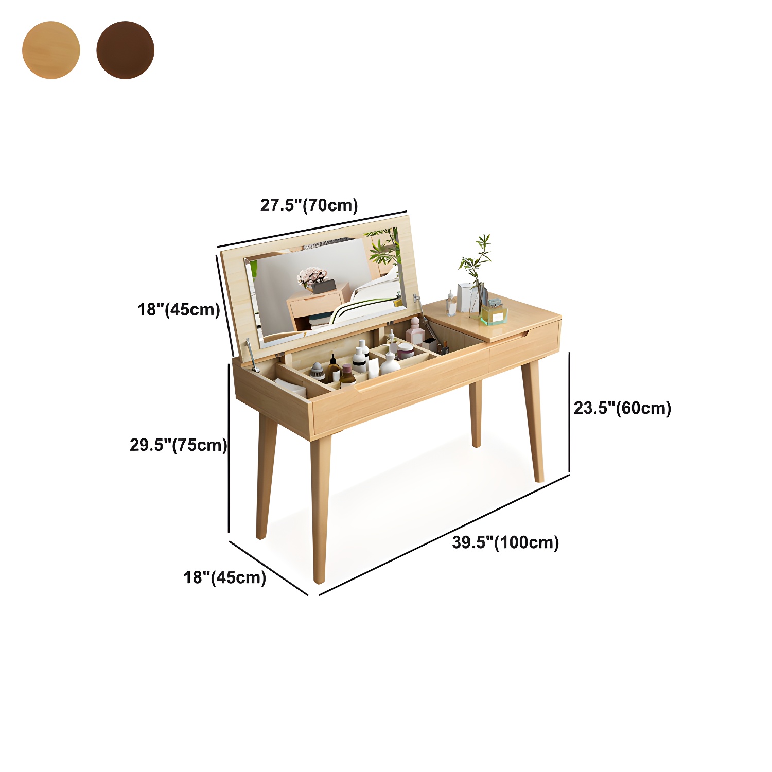 Solid Wood 1/4-Drawer Vanity Makeup Table with Mirror and Stool - 17.72" D - image 22