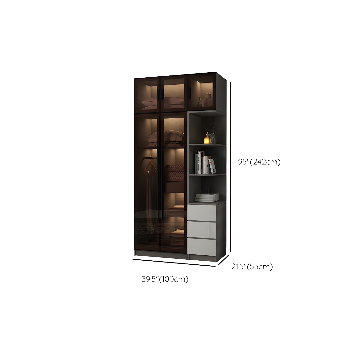Modern Glass Hinged Doors Wardrobe Armoire Wood Frame Wardrobe with Shelves without Light - image 29