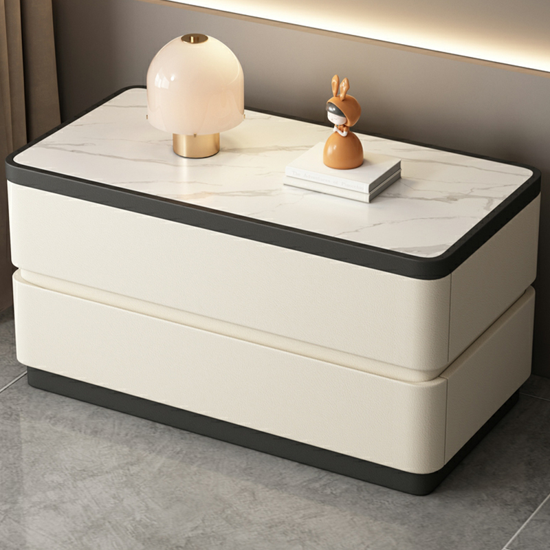 Modern Faux Leather Nightstand with 2 Drawers and Stone Countertop for Bedroom - image 11