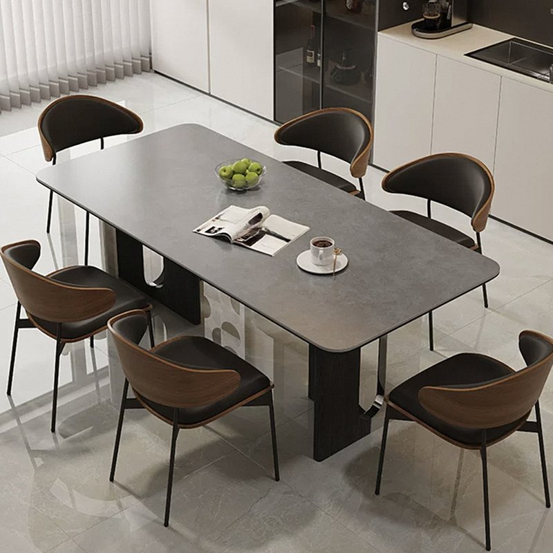 Dining Table Set with Slate Top and Two-sided Pedestal, Fixed Table, Padded Chair with Back, 5-piece in Dove Grey