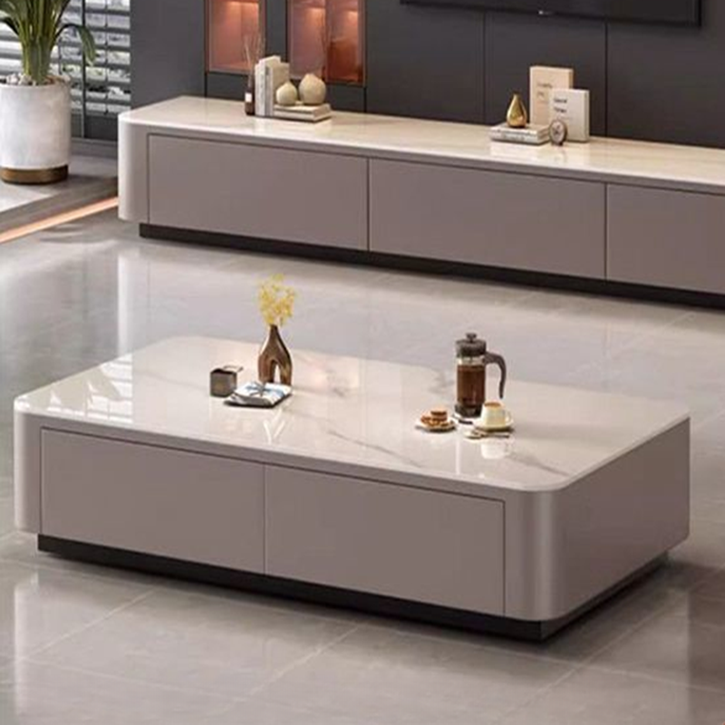 Contemporary Design Single Set Geometric Figure Rock Top Board Game Coffee Table with Block Base in Gray/Chalk and 2 Drawers - image 6