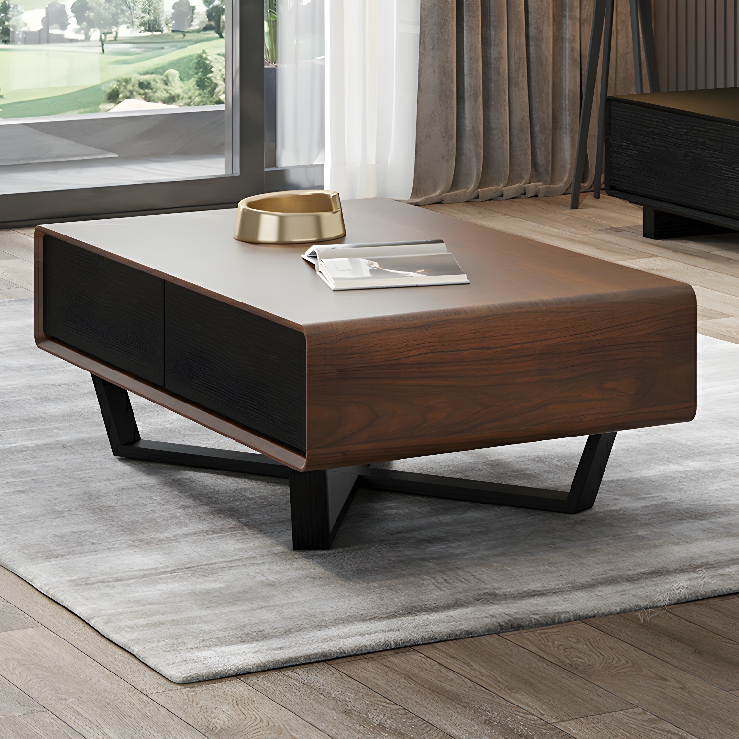 Rectangular Wood Modern Coffee Table with Black Metal Cross Legs and Storage Drawers - image 8