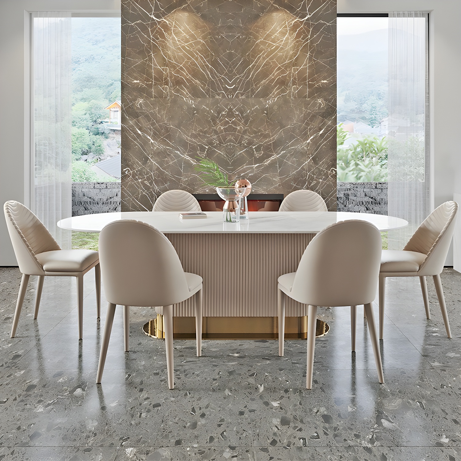 Oval Shape Fixed Kitchen Table Sintered Stone Pedestal Dining Table - image 4