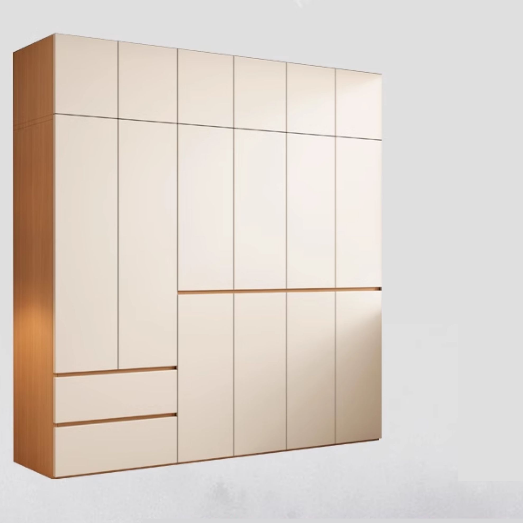 Wood Grain Minimalist Laminate Wardrobe Closet with Soft Close Drawer and Door, Interior Shelves, and Clothing Rod