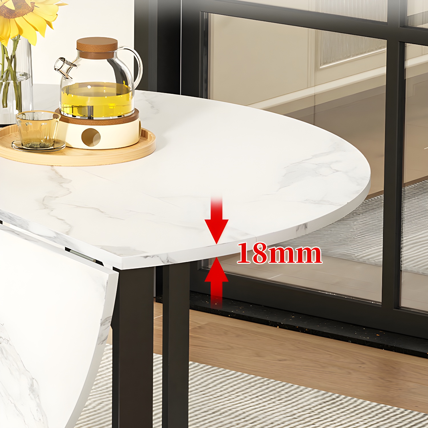 Modern Round Wood Dining Set with Collapsible Table and Leaf Extension - Metal Trestle Base in Black - image 9