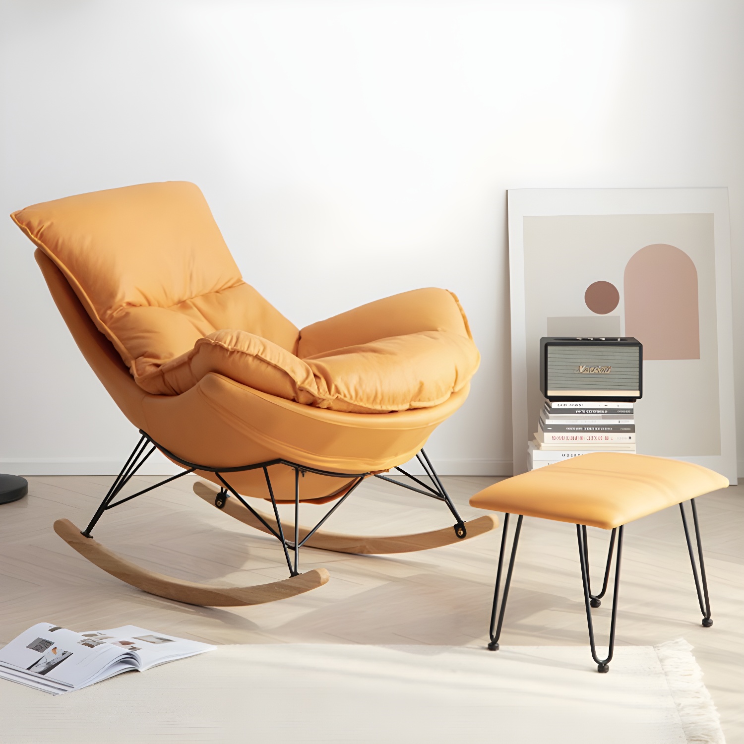 Modern Upholstered Rocking Chair with Ottoman Set - Natural Wood Legs - image 14