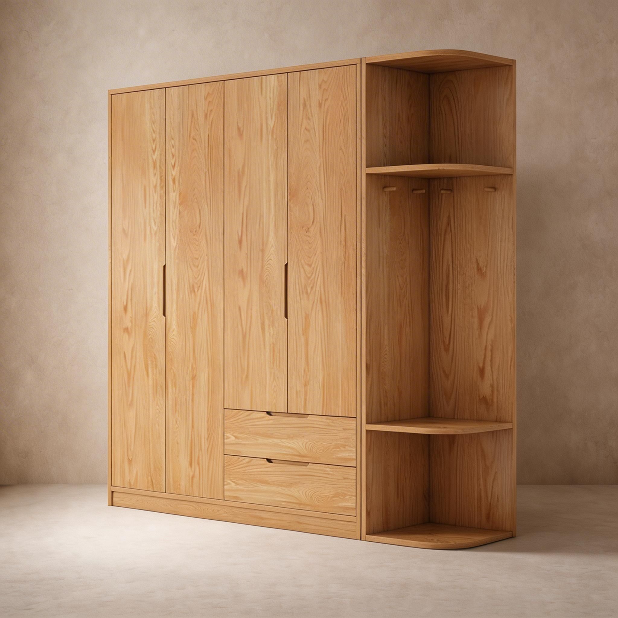 Modern Natural Wood Wardrobe Armoire with Sliding Doors, Drawers, and Shelves - image 84