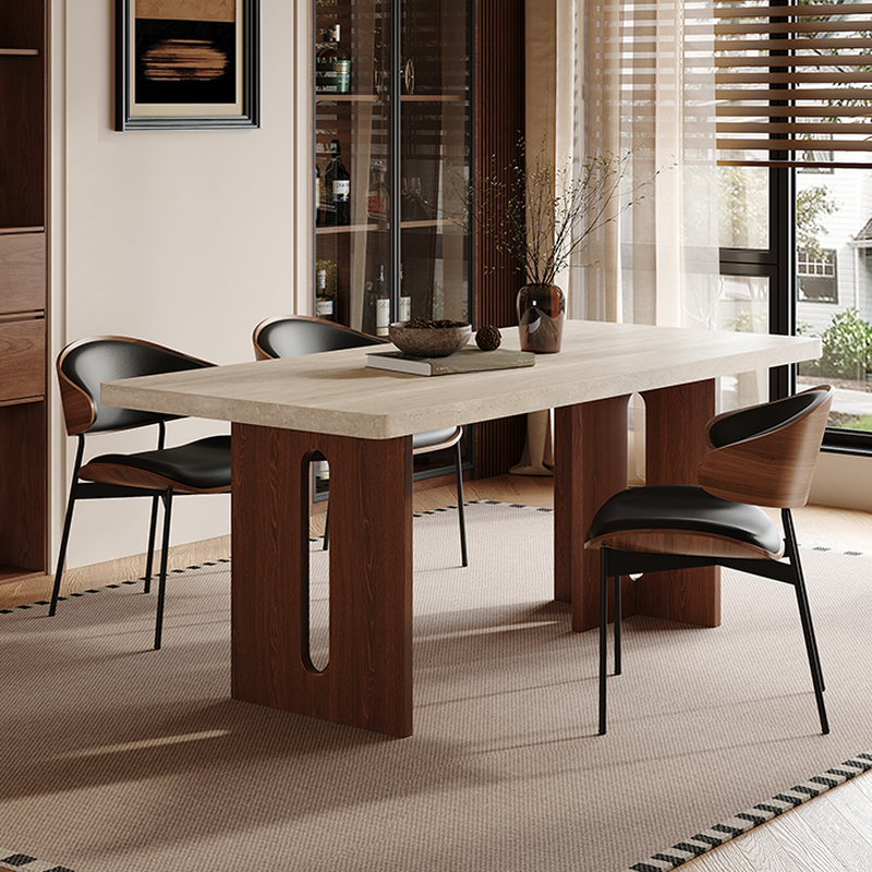 Minimalist Rectangular Slate Stone Dining Table Set with Two-sided Pedestal in Ivory