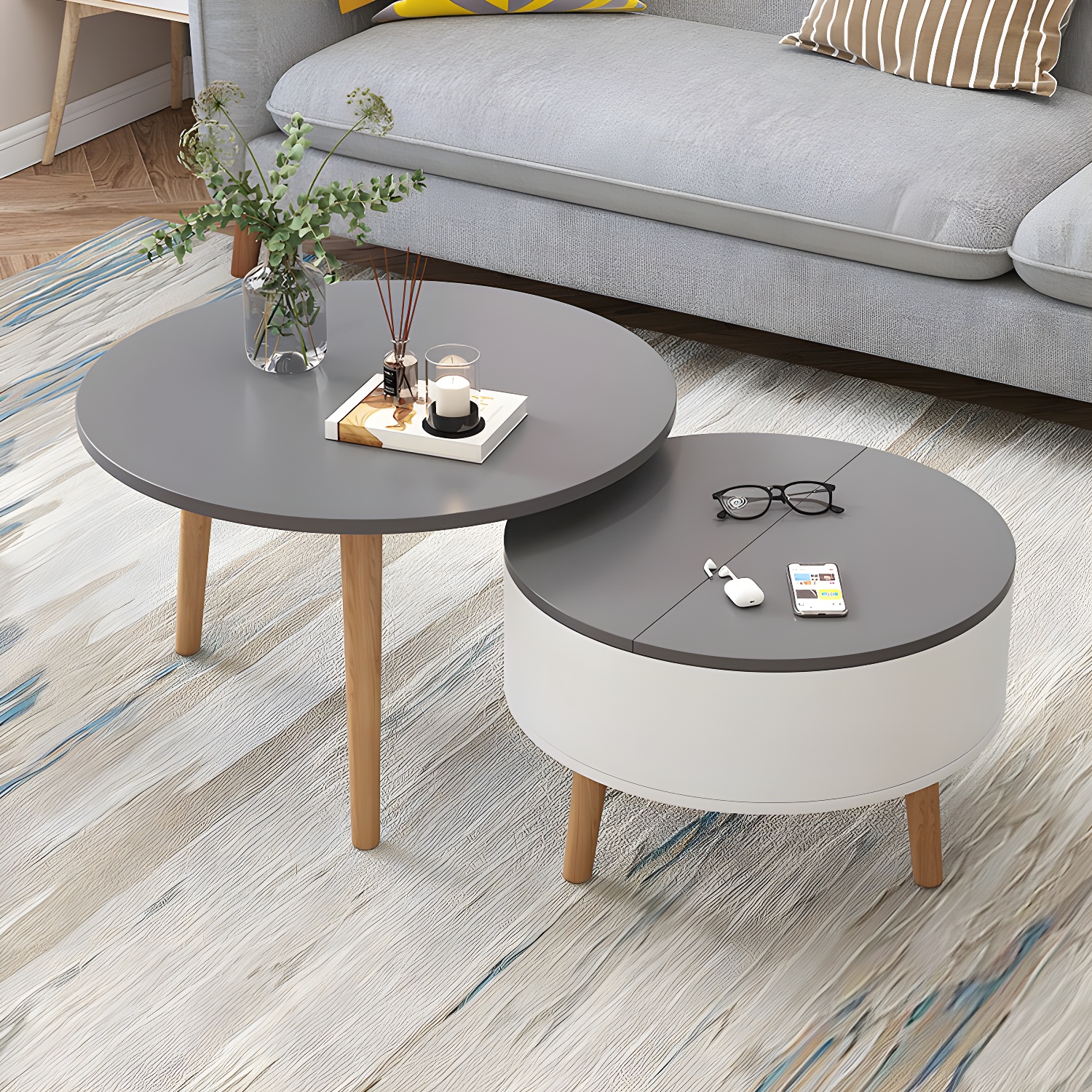 Round Solid Wood 3 Legs Coffee Table with Storage Drawers Modern Cocktail Table - image 5