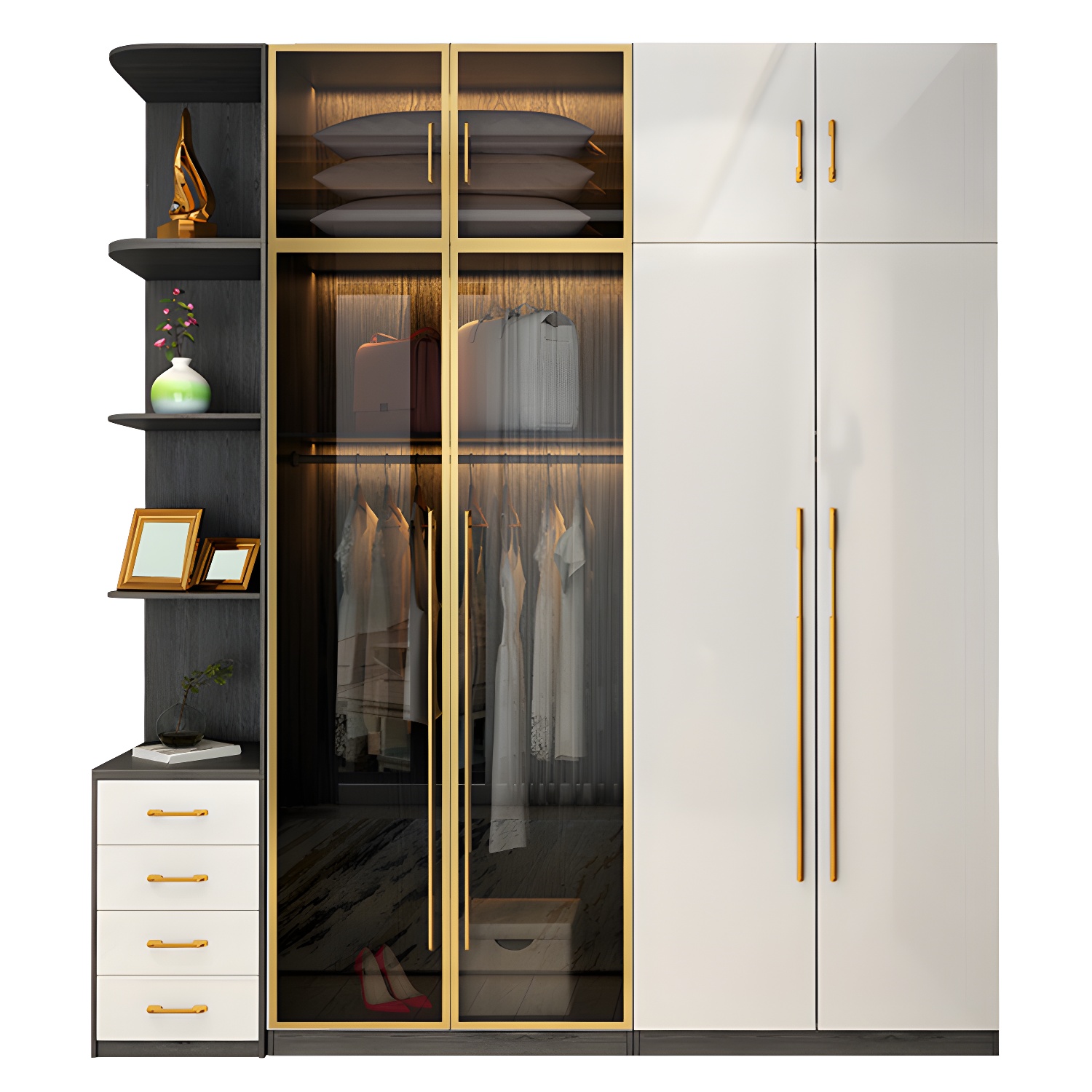 Modern Tempered Glass Doors Wardrobe Wood Frame Wardrobe without Light - image 5